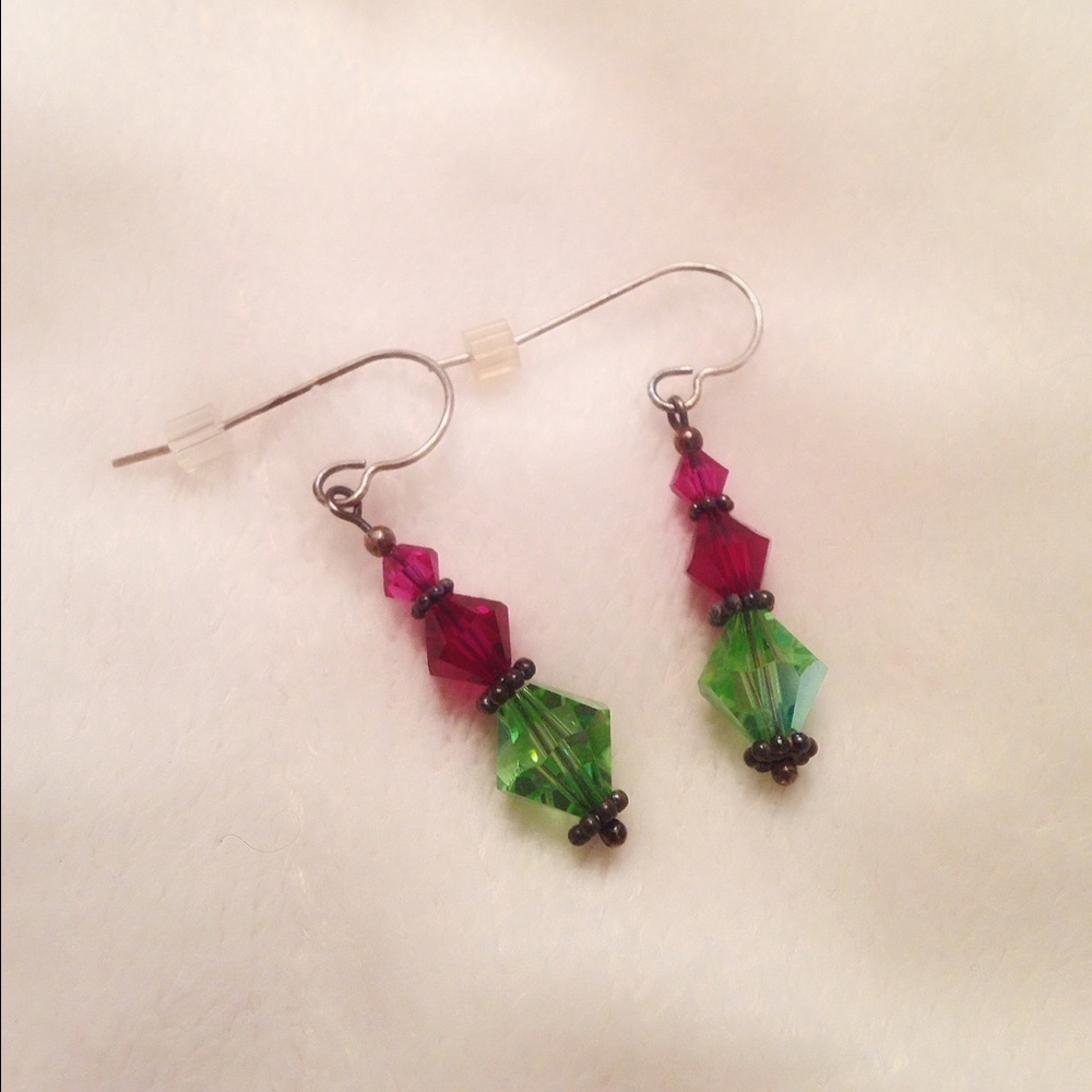 Magenta & Green Crystal Drop Earrings | Handmade Boho Statement